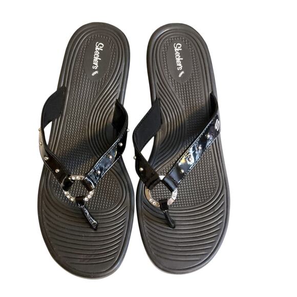 Skechers Cali Wedge Heel Sandals Flip Flop Black Womens Size 10 Rhinestones - Picture 11 of 11